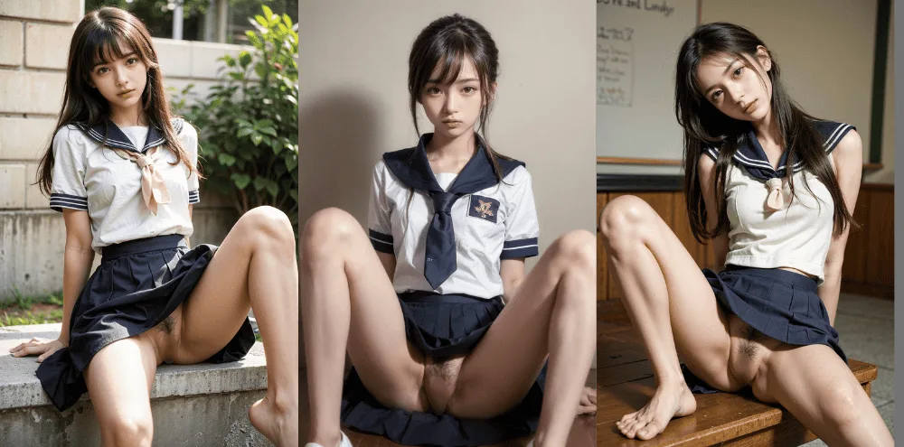 【JK】陰毛の濃い剛毛な女子高生風のAI美女ヘアヌード画像集